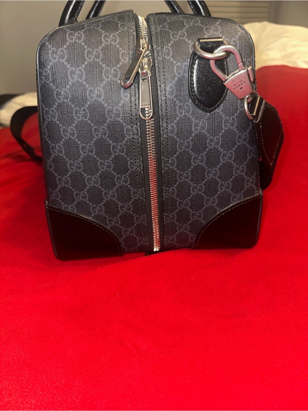 Gucci Gray Monogram Canvas and Black Leather Duffel Bag - Picture 3 of 7